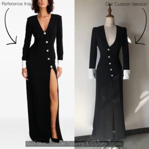 Black deep V-neck buttoned maxi dress with white cuffs - client reference vs custom version by Bold Motto