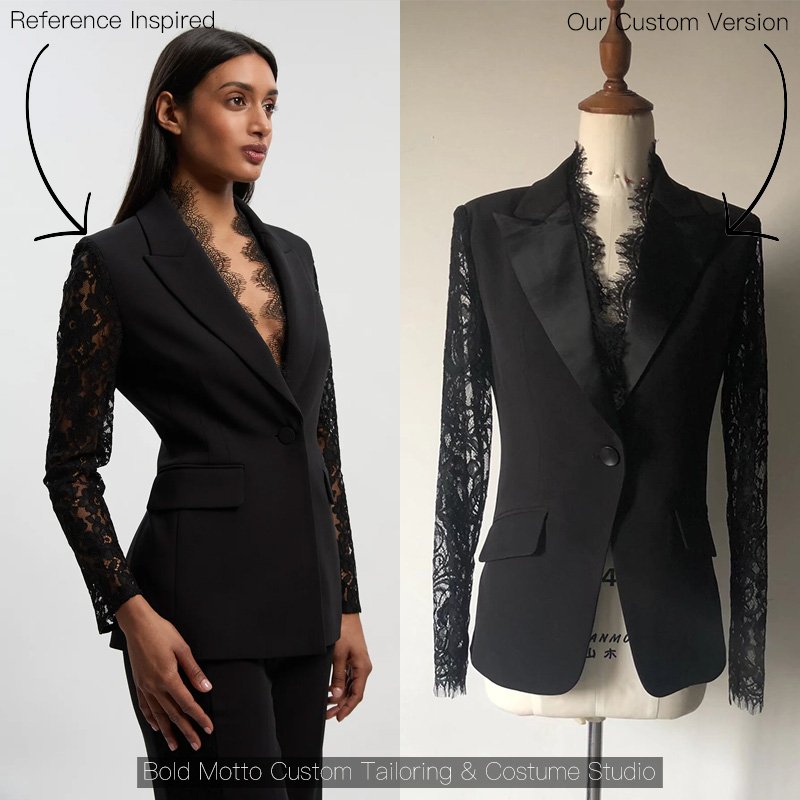 Black lace sleeve blazer with satin lapel - client reference vs custom version by Bold Motto