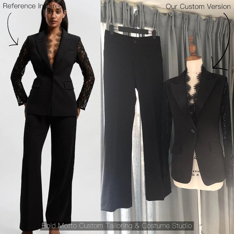 Black Lace Sleeve Blazer with Satin Lapel - Custom Two-Piece Suit - Image 2