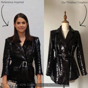 Black sequin double-breasted blazer with belt - client reference vs custom version by Bold Motto Studio