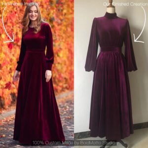 Burgundy velvet long sleeve maxi dress - client reference vs custom version by Bold Motto Studio