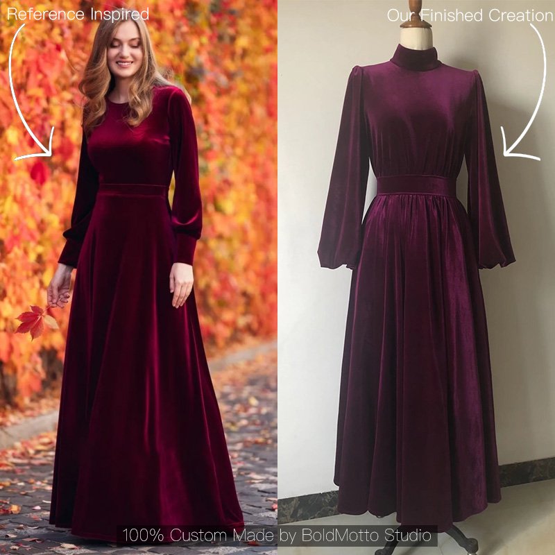 Burgundy velvet long sleeve maxi dress - client reference vs custom version by Bold Motto Studio