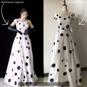 White black polka dot off-shoulder maxi dress - client reference vs custom version by Bold Motto Studio
