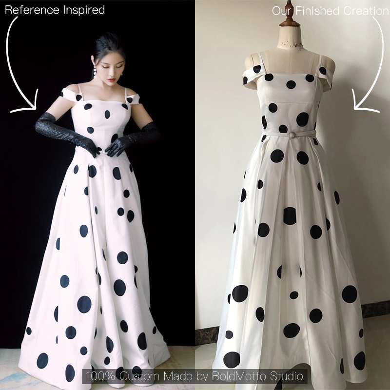 White black polka dot off-shoulder maxi dress - client reference vs custom version by Bold Motto Studio