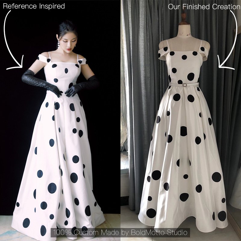 White Black Polka Dot Off-Shoulder Maxi Dress - Custom Made - Image 2