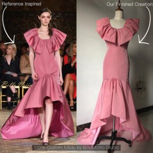 Pink ruffled mermaid gown front view custom made by Bold Motto Studio
