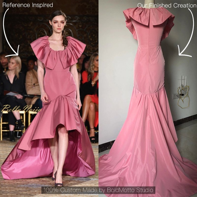 Pink Ruffled Off-Shoulder High-Low Mermaid Gown - Custom Made - Image 2