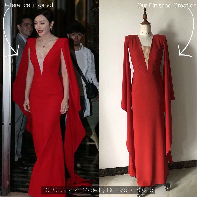 Red deep V-neck cape sleeve mermaid gown - client reference vs custom version by Bold Motto Studio