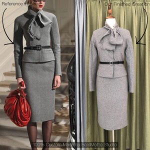 Grey wool bow neck peplum jacket and skirt suit - client reference vs custom version by Bold Motto Studio