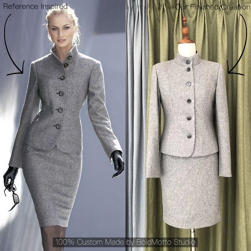 Grey high neck buttoned wool jacket and pencil skirt suit - client reference vs custom version by Bold Motto Studio