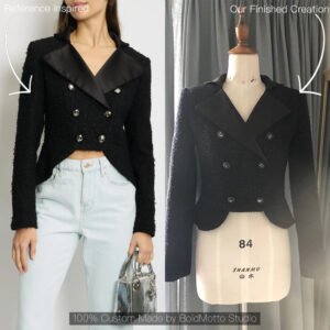 Black tweed double-breasted cropped blazer with satin lapel - client reference vs custom version by Bold Motto Studio