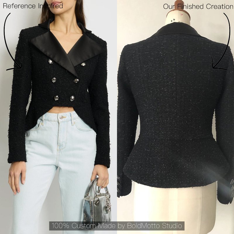 Black Tweed Double-Breasted Cropped Blazer with Satin Lapel - Custom Made - Image 2