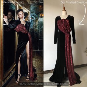 Black velvet burgundy sequin bow evening gown - client reference vs custom version by Bold Motto Studio