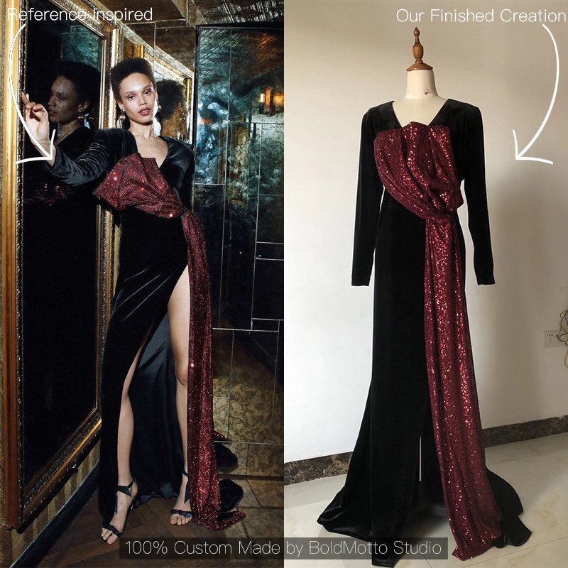 Black velvet burgundy sequin bow evening gown - client reference vs custom version by Bold Motto Studio