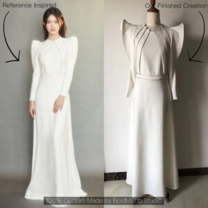White structured shoulder long sleeve maxi gown - client reference vs custom version by Bold Motto Studio