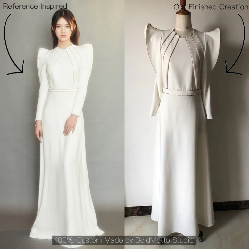 White structured shoulder long sleeve maxi gown - client reference vs custom version by Bold Motto Studio