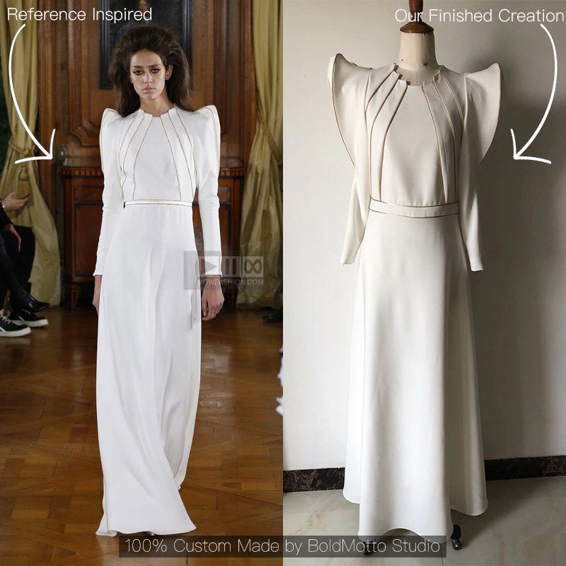 White Structured Shoulder Long Sleeve Maxi Gown with Piping Detail - Custom Made - Image 2