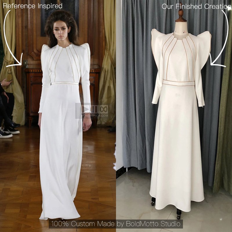 White Structured Shoulder Long Sleeve Maxi Gown with Piping Detail - Custom Made - Image 3