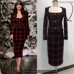 Red black plaid jacket and midi skirt suit - client reference vs custom version by Bold Motto Studio