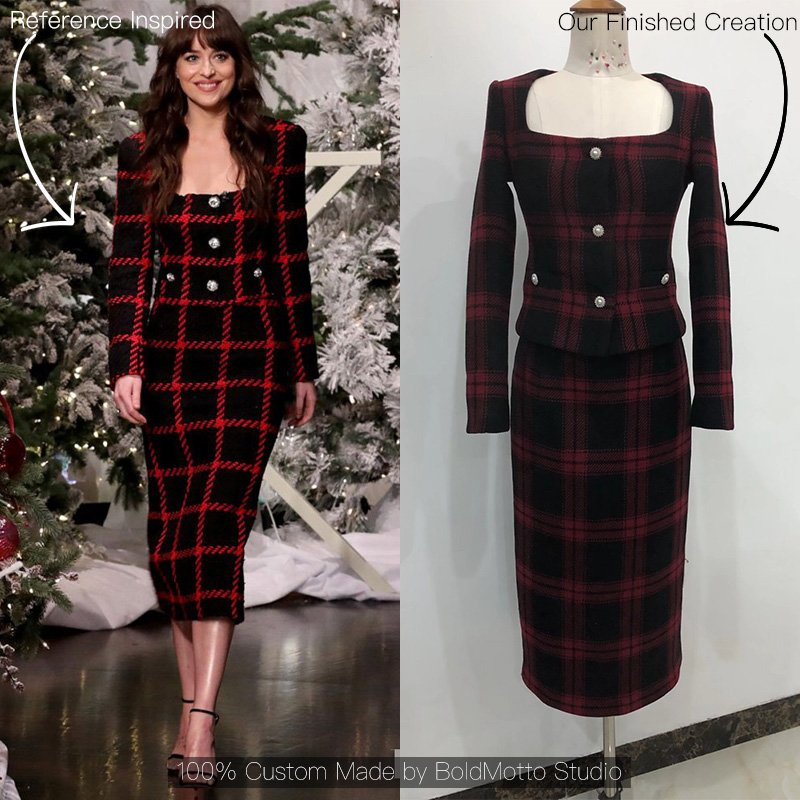 Red black plaid jacket and midi skirt suit - client reference vs custom version by Bold Motto Studio