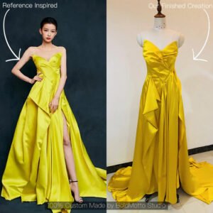 Chartreuse yellow strapless draped high-slit gown - client reference vs custom version by Bold Motto Studio