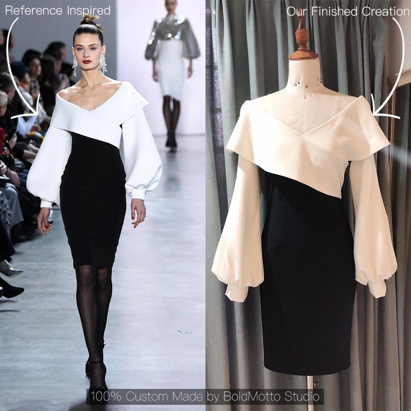 Black white color block off-shoulder balloon sleeve midi dress - client reference vs custom version by Bold Motto Studio
