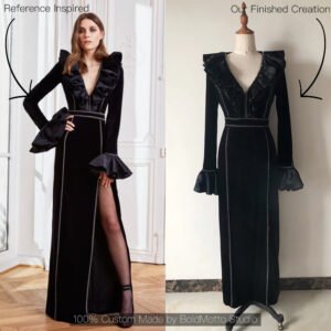 Black velvet ruffled deep V-neck long sleeve gown - client reference vs custom version by Bold Motto Studio